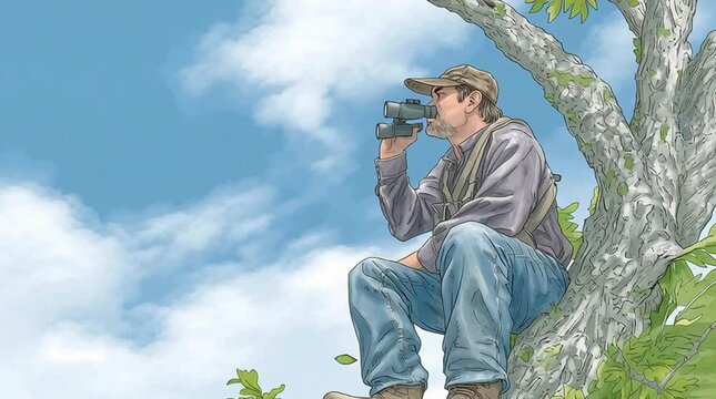 Animation 2D cartoon  man with binoculars on a tree branch - either he's watching for birds or is looking into people's windows like a treetop pervert