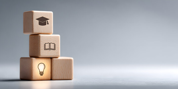 Education and Innovation: A conceptual composition of wooden blocks stacked high, each meticulously etched with an icon of learning and discovery