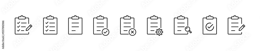Poster clipboard icon. checklist icon set | clipboard form icon with pencil, gear, checkmark, magnifier or 