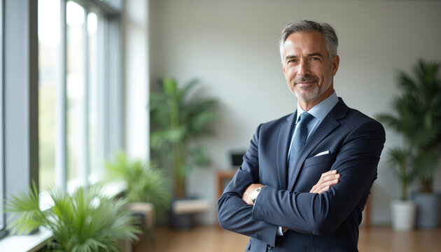 Successful senior businessman stands in office, arms crossed. Confident leader, smiling, wearing suit, tie. Leadership, management, corporate concept. Modern office with windows, business background,