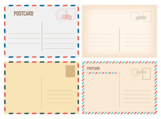 Realistic postcard template set with place for stamp. Cardboard postcard in retro vintage style. Vector EPS 10