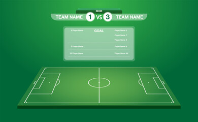 Soccer football stadium scoreboard.  Football tournament information board template with sports field. Vector illustration