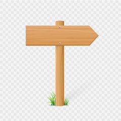 Wooden road sign vector illustration. Realistic wood direction arrow sign with grass. Board with wood texture, signboard road pointer