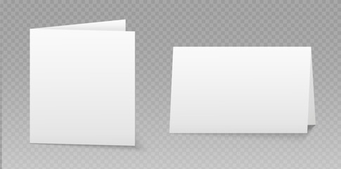 Vector white blank sheet of paper folded in two parts. Leaflet, brochure, booklet, flyer or invitation card mockup
