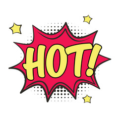 Vector comic speech bubble with word Hot. Text message in cloud with dotted shadow in pop art cartoon style
