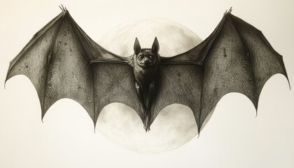 Dark bat in flight, against a pale moon