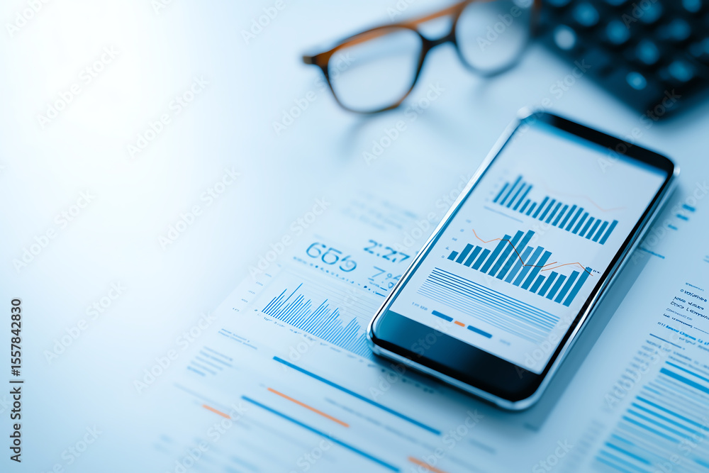 Poster smartphone displaying business charts and graphs rests on document with financial data, alongside pa