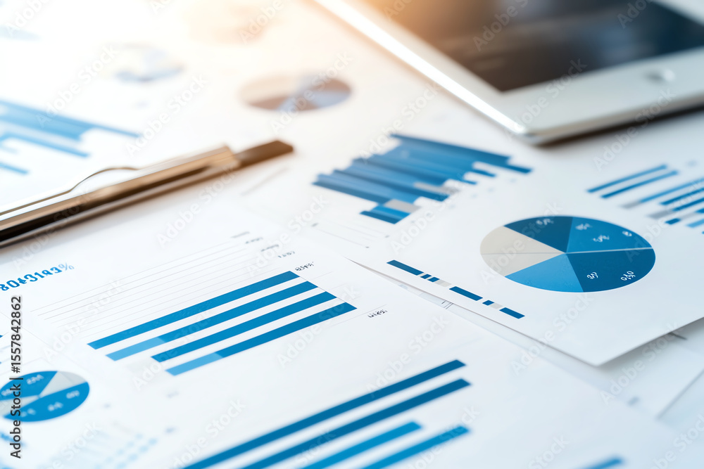 Aufkleber close up view of financial charts and graphs displayed on paper, showcasing various blue tones. scen