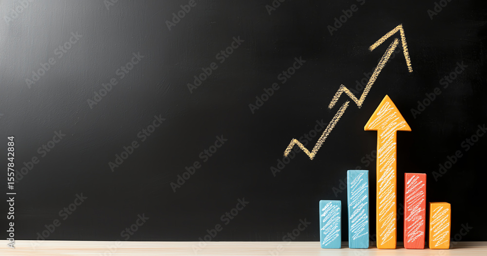Poster colorful bar graph with upward arrow drawn on blackboard symbolizes growth and progress. vibrant col