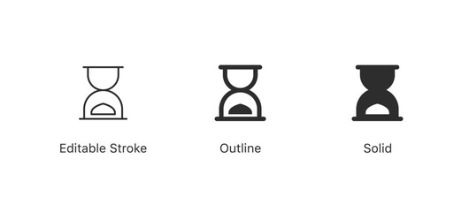 Set of hourglass icons . black time icons | countdown, time, waiting, deadline, time management concepts. in editable stroke, outline, and solid styles