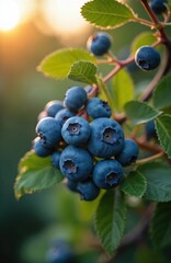 Fototapeta premium Ripe blueberries on bush at sunset. Organic fruit berries are ready to pick. Healthy fresh dessert. Beautiful fresh harvest, summer time, farm, garden, floral, greenery, healthy eating.