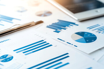 Close up view of financial charts and graphs displayed on paper, showcasing various blue tones. scene includes tablet and pen, emphasizing data analysis and business insights