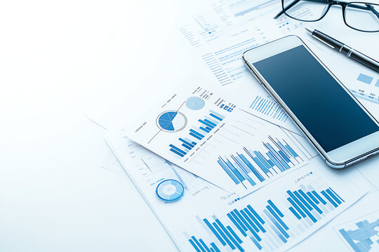 Business chart with graphs and bar charts displayed on documents alongside smartphone, glasses, and pen. This setup conveys professional atmosphere for analysis and planning