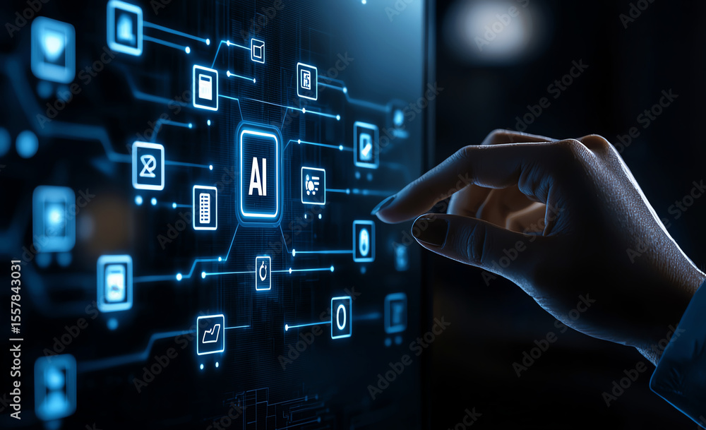 Poster human hand is touching digital screen displaying various icons and symbols related to artificial int