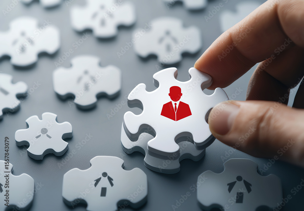 Poster man hand holds white puzzle piece featuring red figure, symbolizing teamwork and collaboration. surr