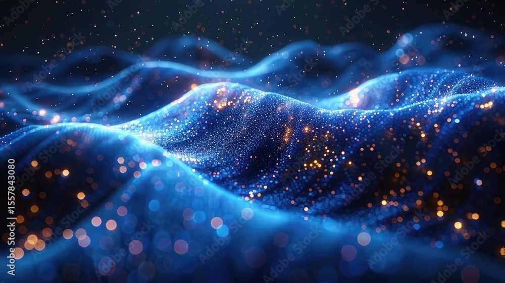 Poster abstract picture micro light sparkling particle represent data flow vivid flowing wave with high tec