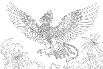 Obraz premium Mythical bird with intricate details, soaring above tropical foliage. 