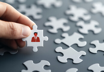 Hand holds white puzzle piece featuring red silhouette of person, surrounded by scattered white puzzle pieces on dark surface, symbolizing connection and teamwork