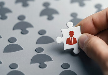 Hand holding white puzzle piece with red figure, symbolizing individuality and connection among group of gray puzzle pieces representing people. This conveys importance of finding right fit