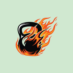 Flaming Kettlebell Silhouette with Fiery Left-Side Flames for Extreme Workout Branding