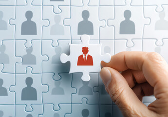 Hand holding white puzzle piece featuring red figure, symbolizing concept of finding right fit team or organization. background consists of gray puzzle pieces with silhouettes of people