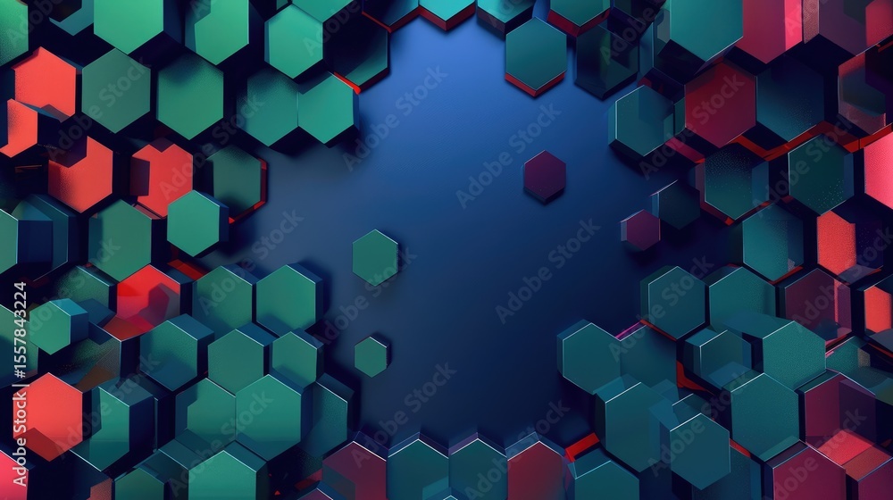 Poster geometric hexagon shapes in green and red on a dark background. 3d abstract design with depth and pe