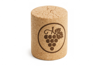Wine cork showing grape emblem, natural brown texture visible against transparent backdrop, revealing traditional bottling element
