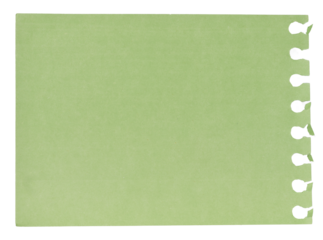 Green notepad paper sheet with perforation on one edge, isolated background