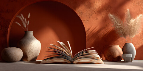 Serene Still Life: An open book rests gracefully amid rustic pottery and delicate pampas grass, bathed in the warm, inviting glow of the sun, evoking tranquility.