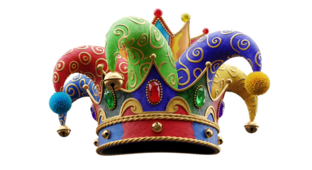 Colorful jester hat with bells and jewels isolated on transparent background