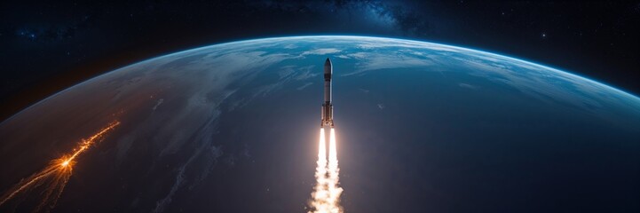 Fototapeta premium A rocket blasts off from earth, embarking on an interstellar journey into the vast, starry cosmos.