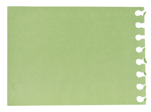 Green notepad paper sheet with perforation on one edge, isolated background
