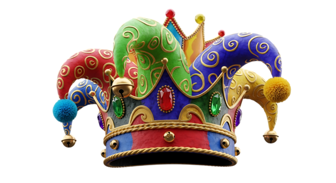Colorful jester hat with bells and jewels isolated on transparent background