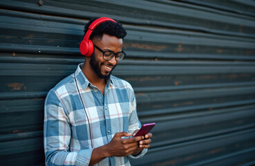 Smiling young African American male in glasses, headphones using mobile phone. Happy black man in urban setting with smartphone. Millennial guy texting, chatting with mobile device, listens to music.