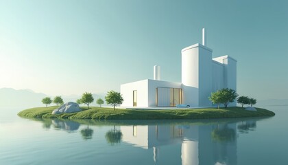 Obraz premium Futuristic green hydrogen factory concept on island with eco-friendly design. Hydrogen production from renewable energy sources. Renewable energy, sustainable power generation for sensible