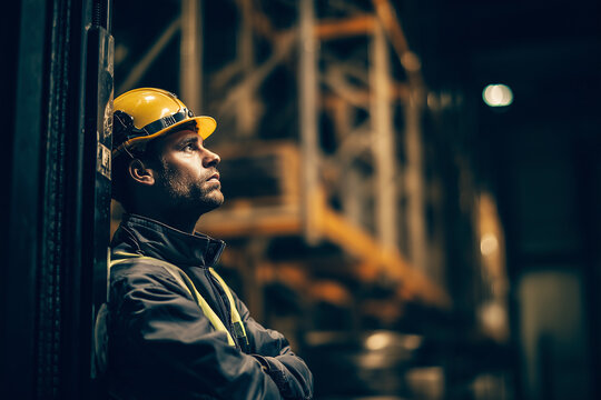 Portrait of a male logistics worker in a yellow safety helmet inside a warehouse