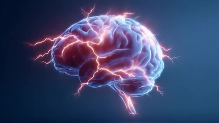 3D rendering of a human brain with glowing red and blue energy pulses, suggesting neurological activity or a medical condition