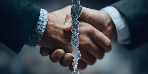Broken Partnership: The symbolic representation of a fractured business deal is shown through two hands clasped in a handshake, torn apart by a visible fissure.