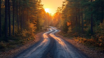 Winding dirt road through autumn forest at sunset