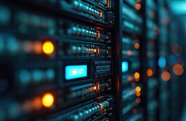 Server room with modern infrastructure. Data center servers, server racks with bright led lights, network equipment for data storage. Technology for cloud computing, data management, data security.