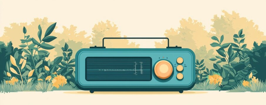 Retro blue radio outdoors surrounded by green foliage and vibrant plants