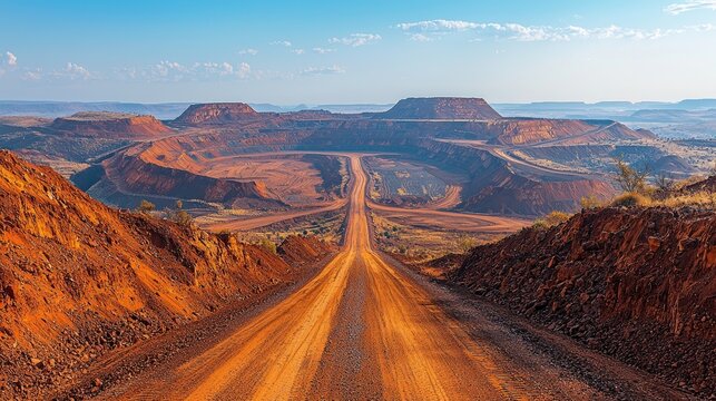 A scenic dirt road winds through a vast iron ore mine landscape.