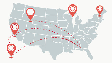 United States Map with Red Location Pins and Dashed Travel Routes Illustrating Nationwide Logistics, Distribution, and Business Connections Across ...