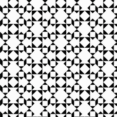 black and white seamless pattern, geometric pattern, repeating squares and triangles, creating a tessellated design, squares or star-like figures, contrasting black and white elements.