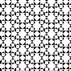 black and white seamless pattern, geometric pattern, repeating squares and triangles, creating a tessellated design, squares or star-like figures, contrasting black and white elements.