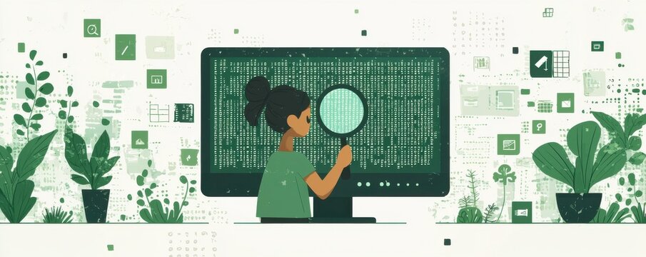 Woman Analyzing Digital Data on Screen Surrounded by Greenery and Tech Elements
