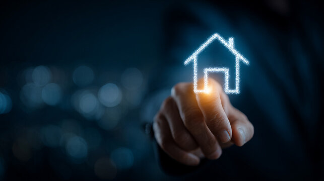 Businessman’s hand holding a glowing digital house icon symbolizing real estate, technology, and smart home concepts. Futuristic business theme with dark background and caption space on the side.
- Powered by Adobe