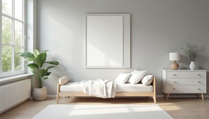 Bright modern bedroom interior. Light gray wall, white furniture, bed. Natural sunlight from large window. Room decor. Mock up poster frame, blank wall for design, advertising space. Stylish design