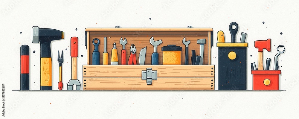 Aufkleber flat vector illustration of an open toolbox with various tools organized