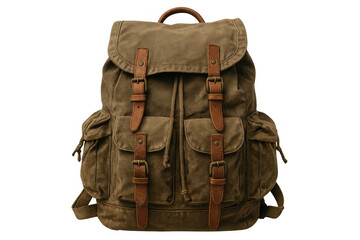 Khaki canvas backpack featuring brown leather straps, positioned in studio setting against transparent backdrop
